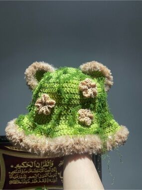 Handmade Green Crochet Bear Bucket Hat with Brown Faux Fur Trim and Flowers